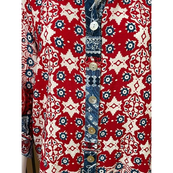 John Mark Women's M Red Button Up Rayon Tunic Shirt Floral Tie Sleeve Bohemian - Picture 3 of 9